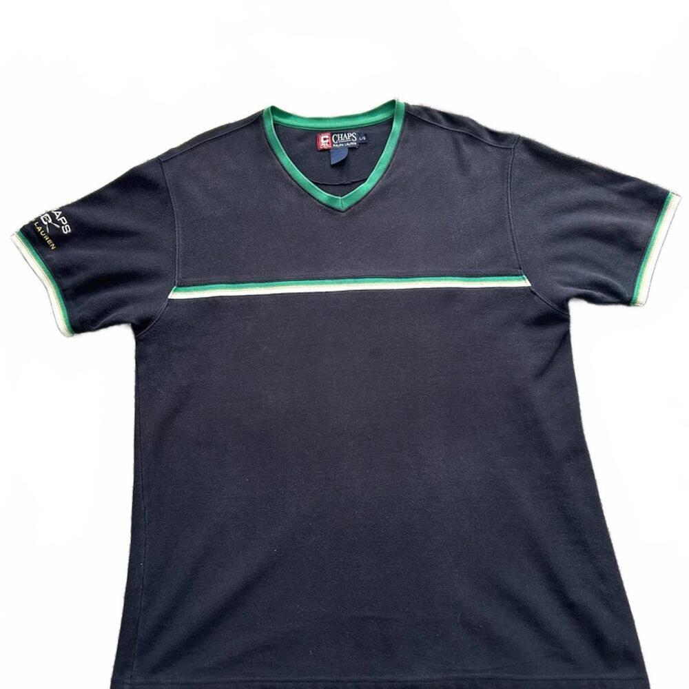Chaps Ralph Lauren Men's Black V-Neck T-Shirt with Green and